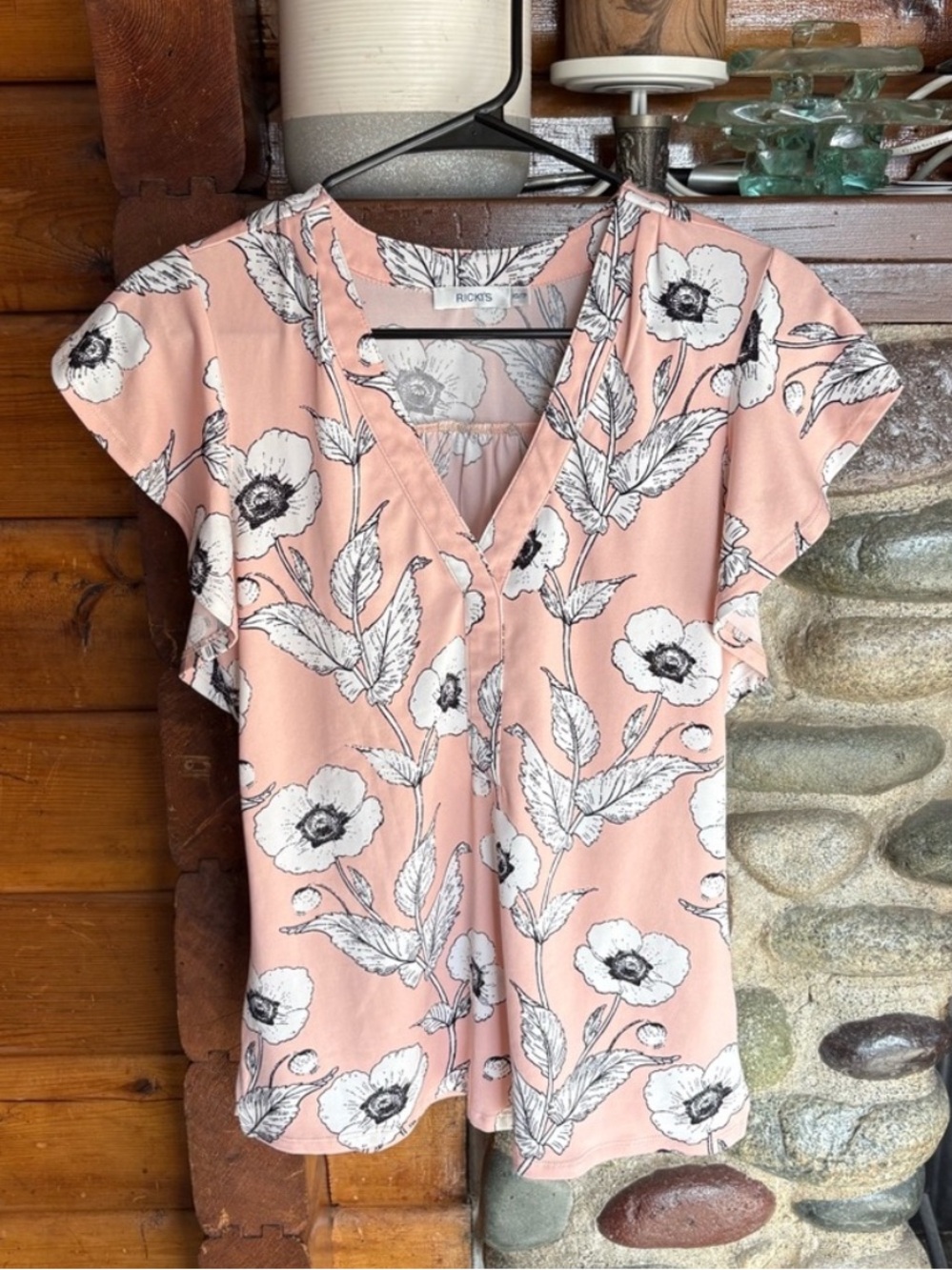 Ricki’s Cottagecore Floral Flutter Sleeve V-Neck Blouse XS Pink White Black